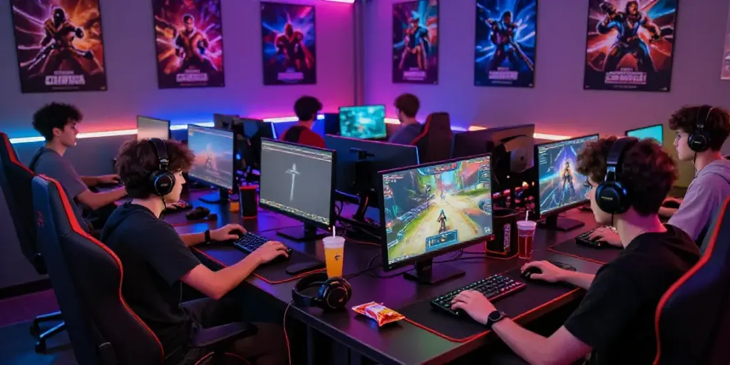 Players enjoying kayu77 online gaming amidst vibrant LED lights and snacks.