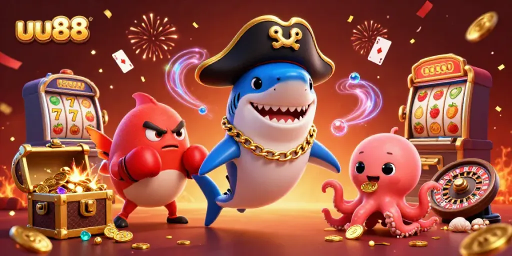 Engage with thrilling uu88 casino games featuring a cartoon shark, pufferfish, and octopus among vibrant slot elements.