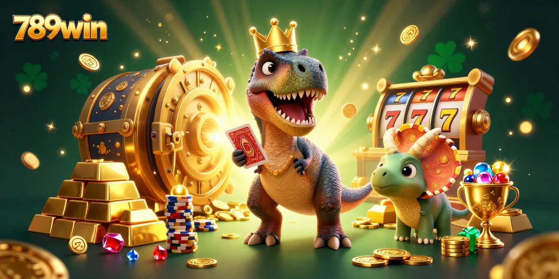 Experience the thrill of 789win with a cartoon dinosaur as it deals cards in a rich casino setting.