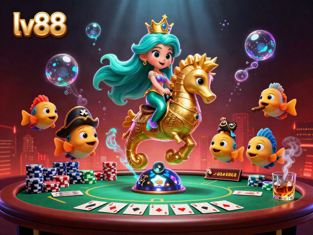 Engaging scene of lv88, where a mermaid princess and seahorse enjoy poker under water with vibrant characters.