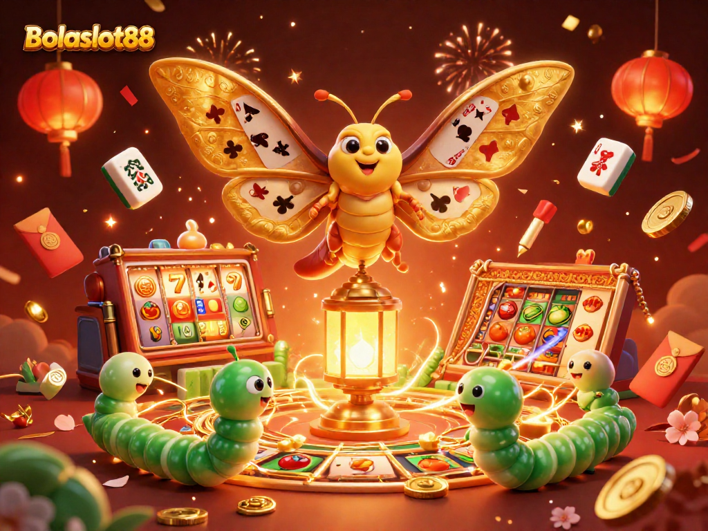 Bolaslot88 celebrates wins with vibrant slot reels and a majestic moth illustration.