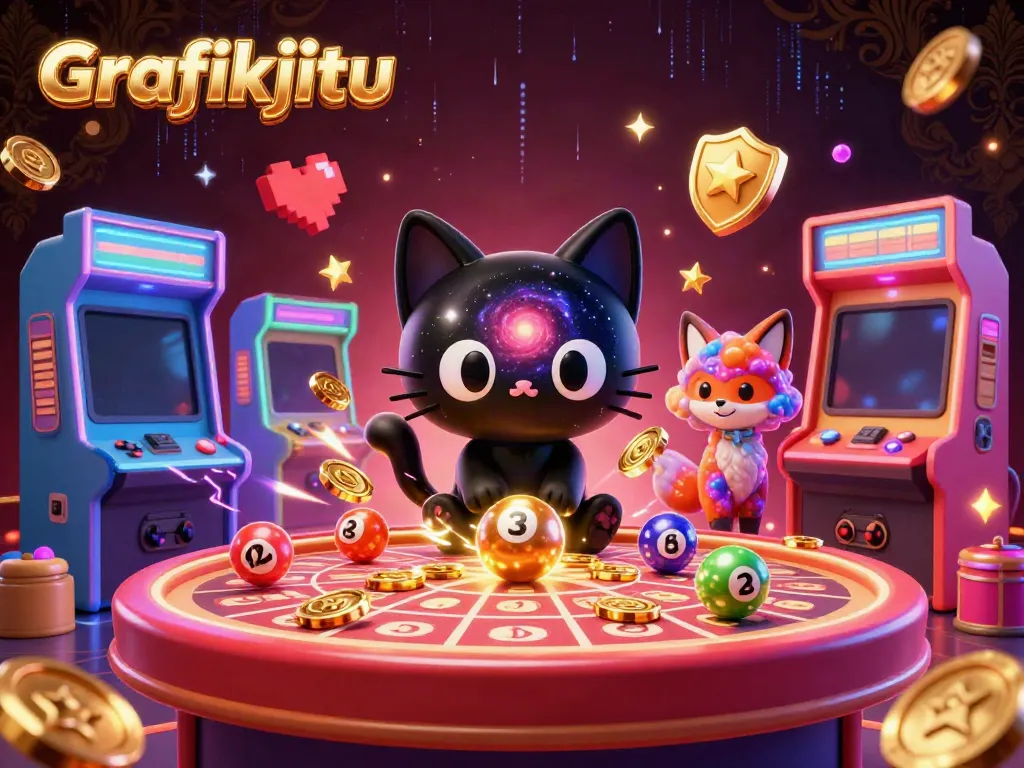 Grafikjitu depicts a black hole cat and colorful nebula fox at a cosmic lottery table attracting golden chips and numbered balls.