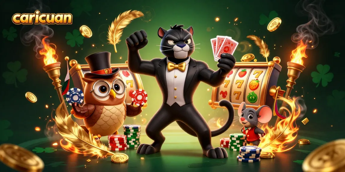 Permainan judi menarik di caricuan dengan panther, owl, dan mouse di tengah keseruan kasino.