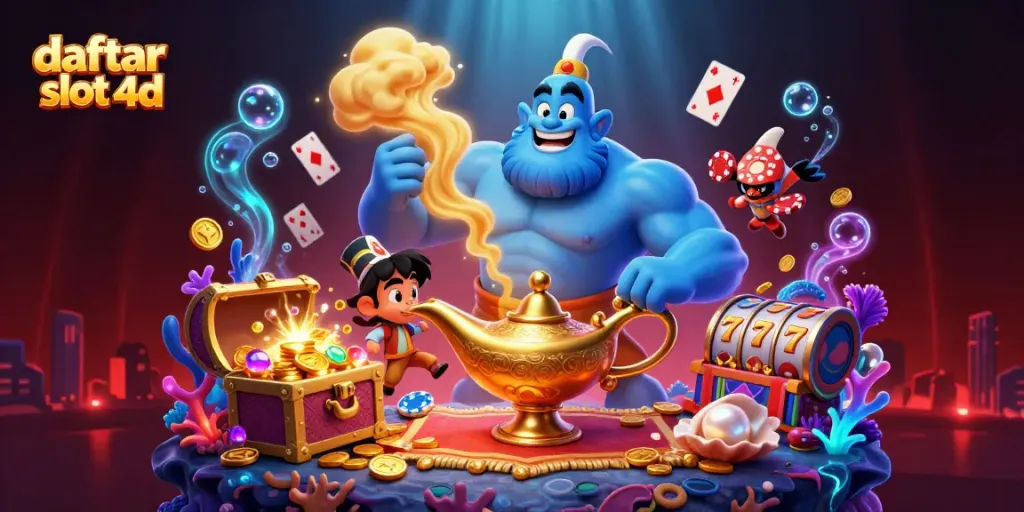 Menggali dunia kasino yang memikat dengan daftar slot 4d penuh visual, menampilkan lampu genie, koin emas, dan simbol keberuntungan.