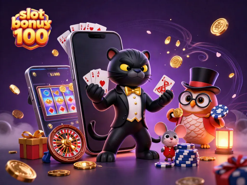 Experience the thrill of slot bonus 100 with this vibrant 3D illustration of characters enjoying casino games and excitement.