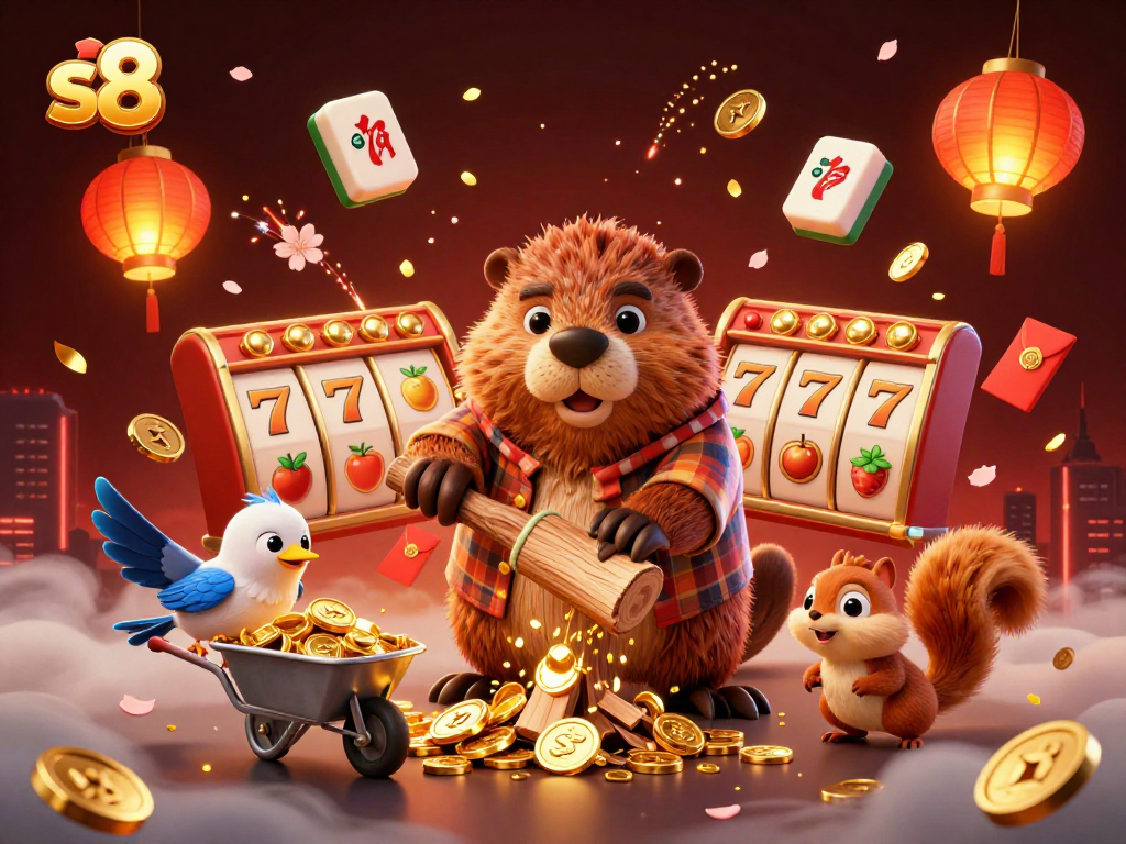 S8 promotes thrilling gaming with a lively 3D scene featuring a beaver, bird, and squirrel in a joyful environment collecting golden coins.