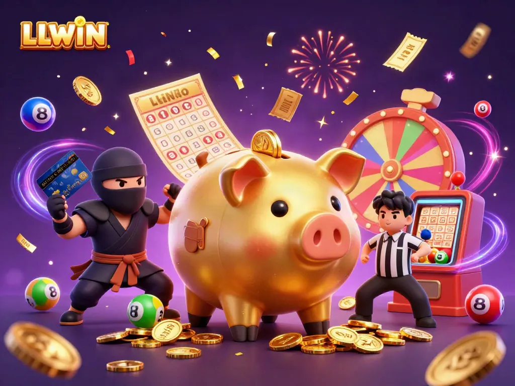 LLWIN features dynamic cartoon characters with a golden piggy bank, colorful lottery balls, and a festive celebration.