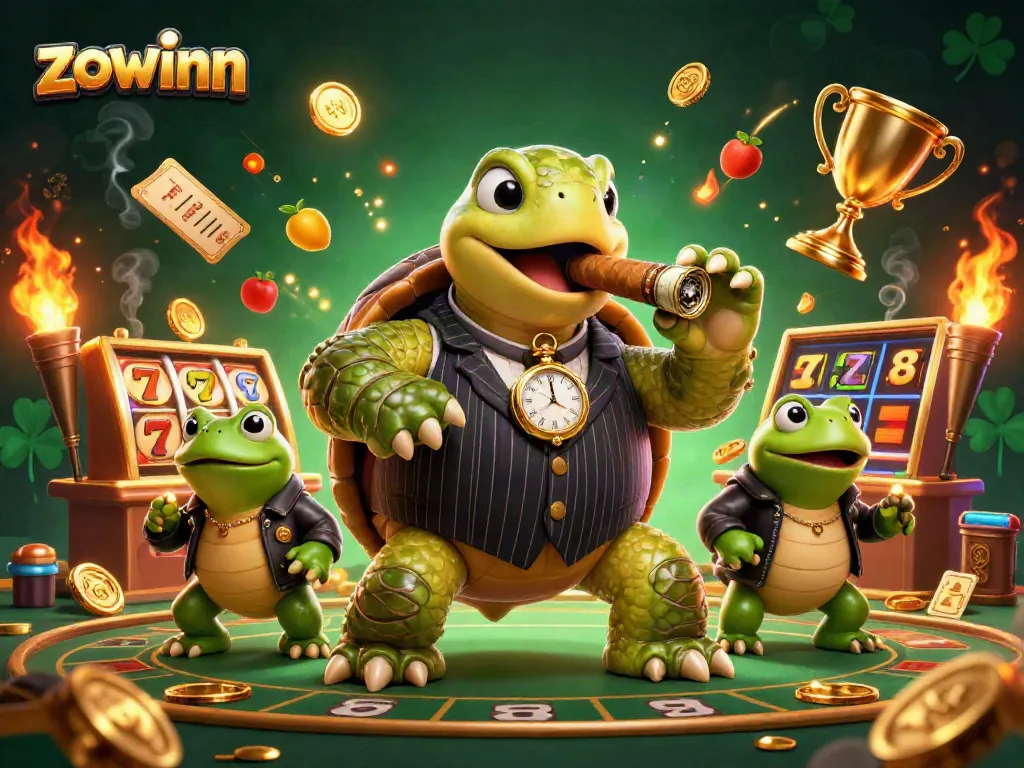 Zowinn slots come alive with a cartoon turtle in a mobster suit and bullfrog enforcers on a vibrant casino floor.