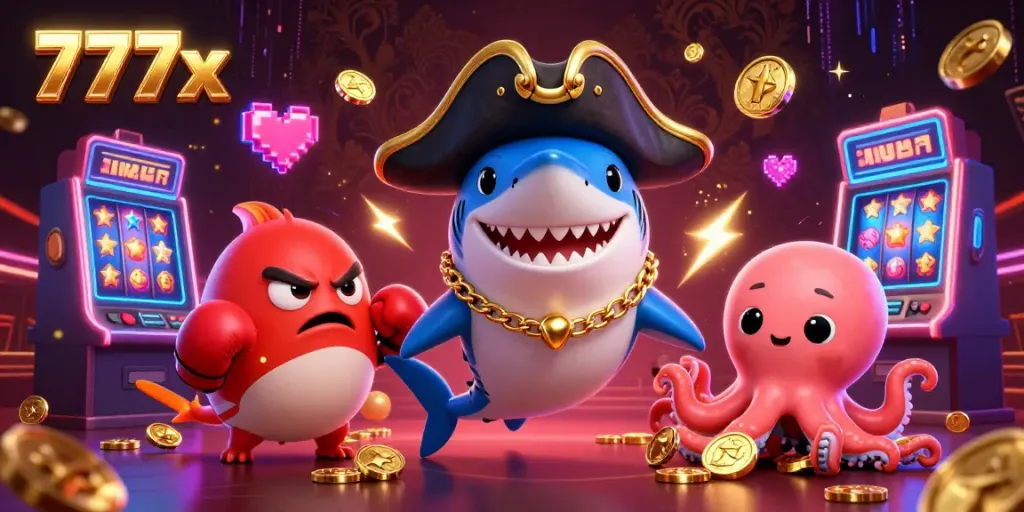 Engage in casino fun with 777x featuring a pirate shark, pufferfish, and octopus among vibrant slot machines.