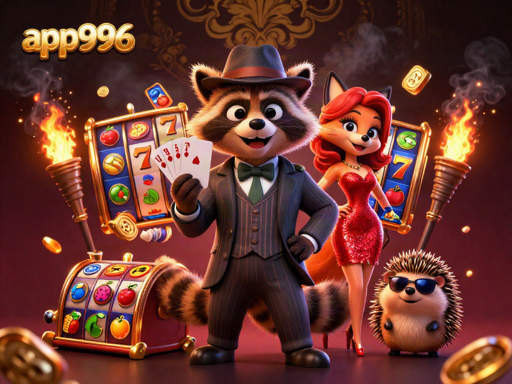 Play slots with app996: a 3D raccoon holding a royal flush amidst vibrant slot machines.