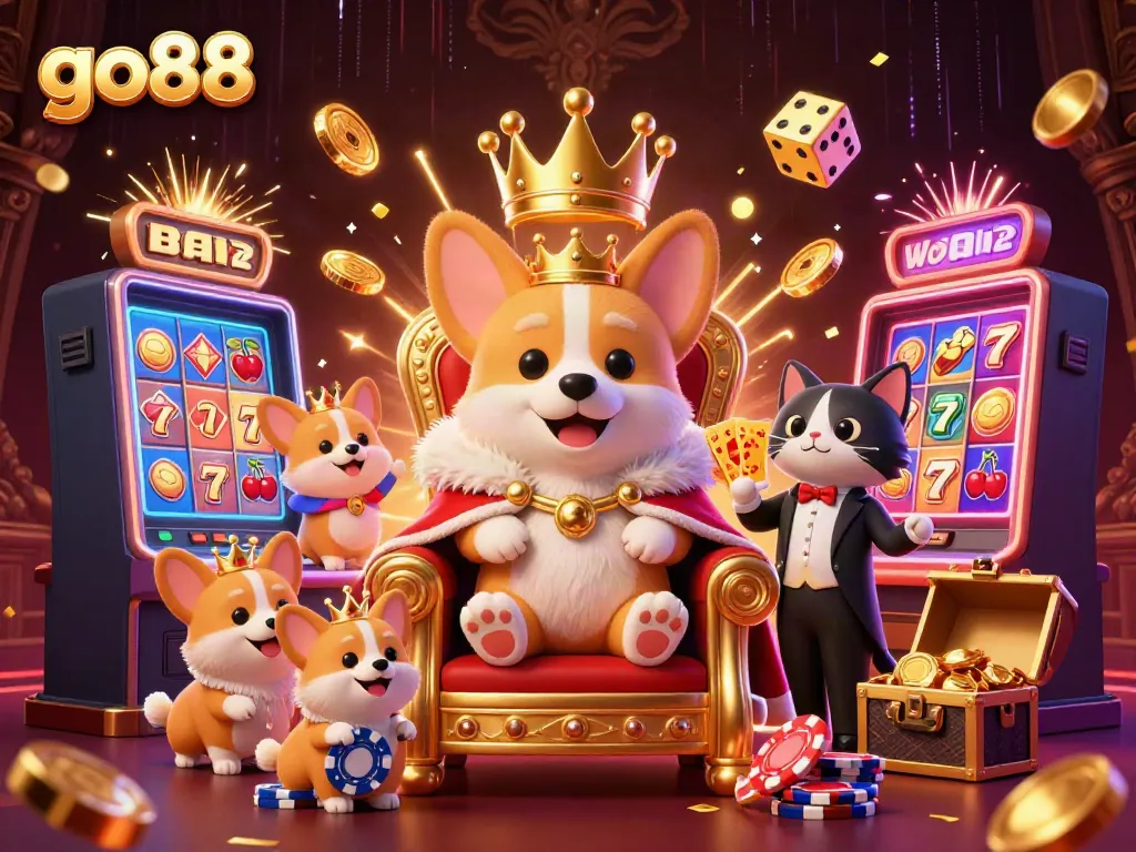 Experience thrilling gaming with go88's royal corgi and dynamic casino elements in a sparkling scene.
