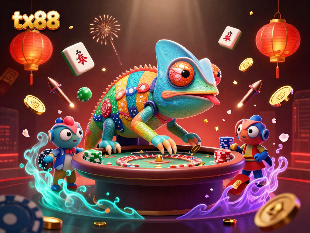 Experience the vibrant gaming world of tx88 with a chameleon casino owner amidst sparkling game elements.