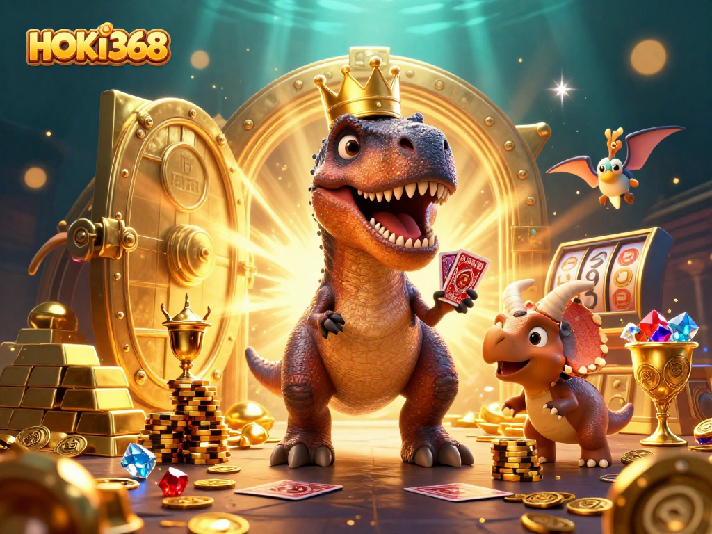 Engage in gaming fun with HOKI368 where a cartoon T-Rex and friends play cards and stack chips!