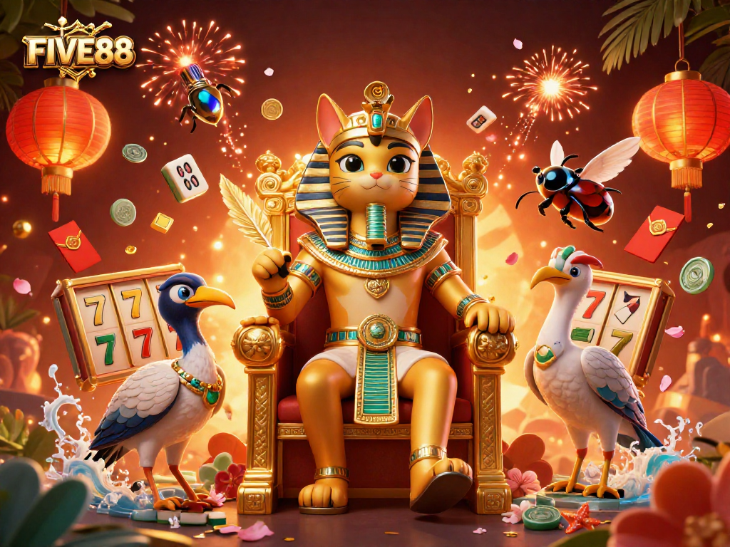 Experience the excitement of FIVE88 with thrilling slot reels and game symbols in a vibrant scene.
