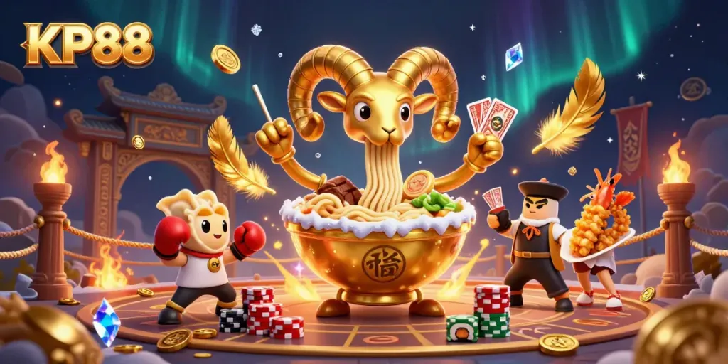 Engage in thrilling gameplay at KP88, where a golden ramen bowl dealer and quirky characters create a vibrant casino atmosphere.