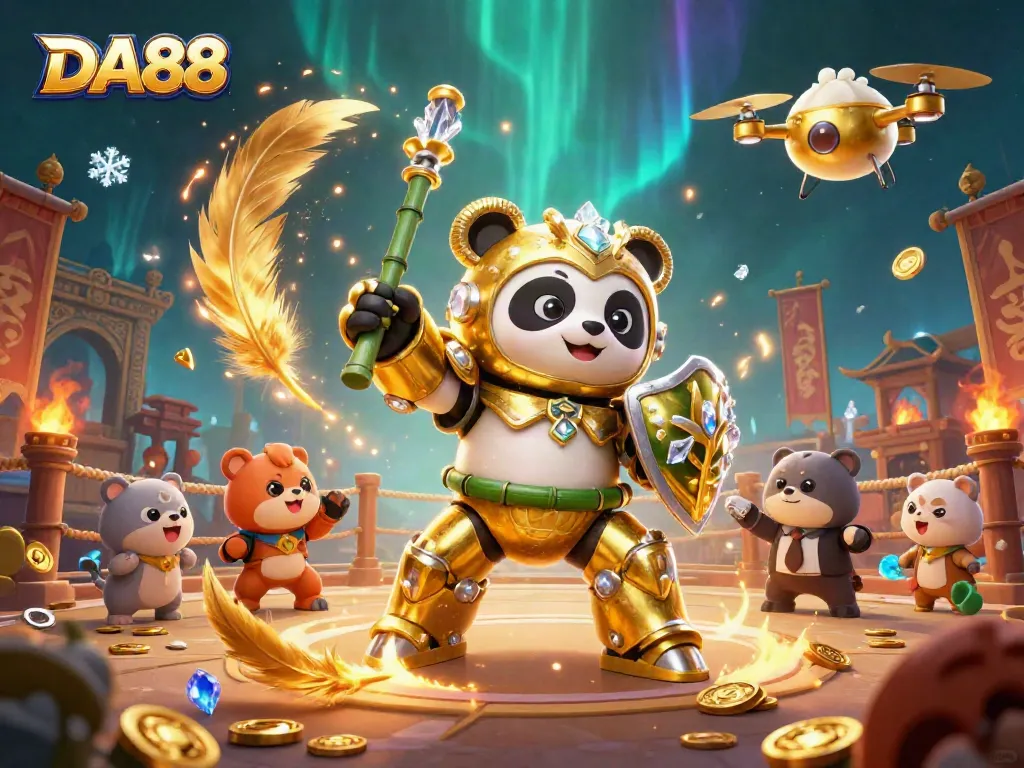 Experience thrilling gameplay with DA88's unique 3D panda robot amidst sparkling casino elements.