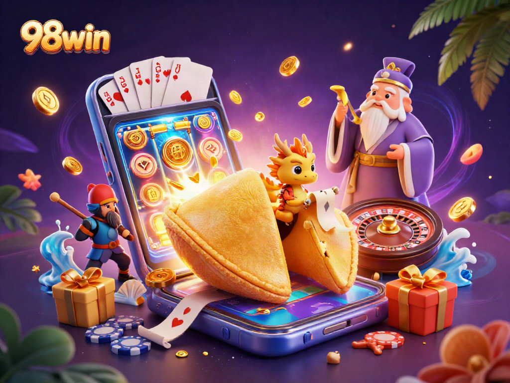 Experience thrilling wins with 98win's vibrant casino illustration, showcasing a golden fortune cookie and playful characters.