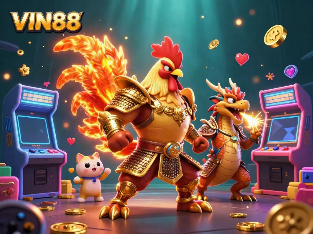 Experience thrilling Casino action at VIN88 with a dramatic scene including a rooster warrior, dragon, and luck-themed elements.