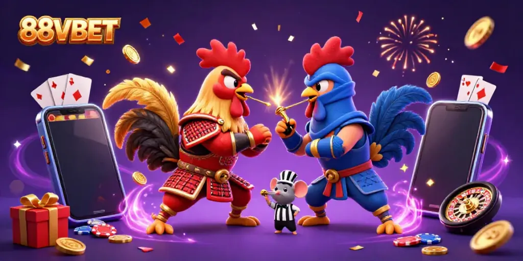 Experience the thrill of 88VBET with dynamic casino elements in an exciting fighting rooster showdown.