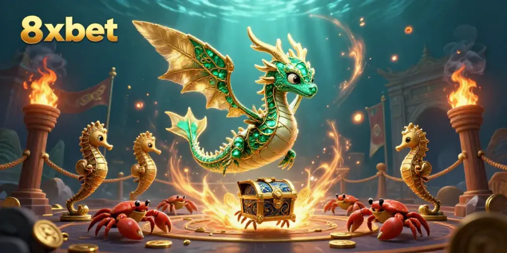 Experience gaming excitement with 8xbet, featuring an emerald sea dragon and treasure scene