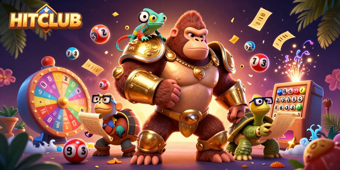 Engage in HITCLUB lottery fun with a vibrant scene featuring characters amidst dynamic game elements.