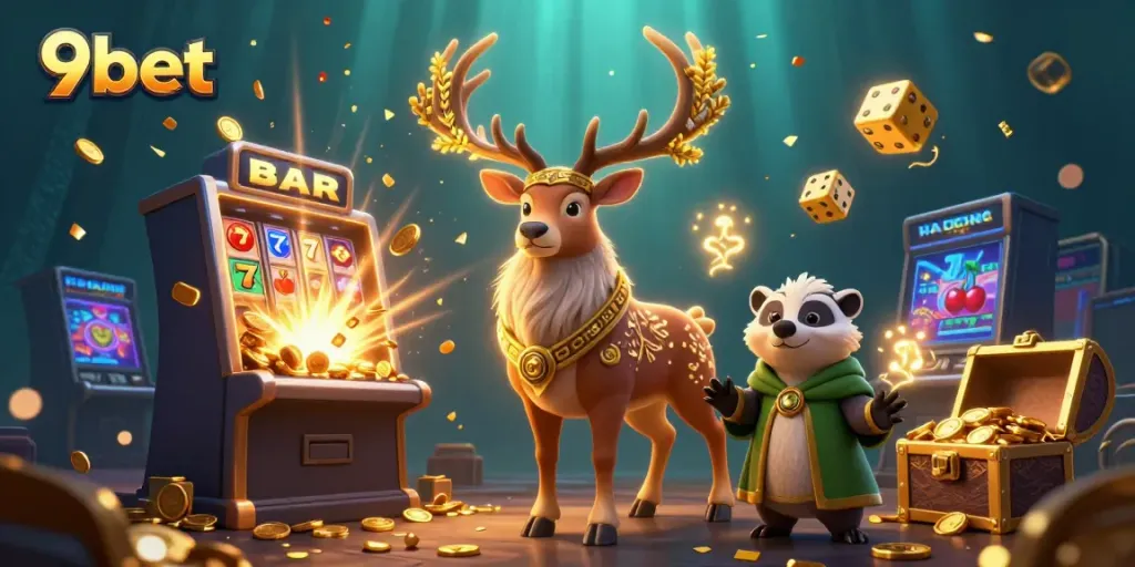 Engage with 9bet's exciting casino experience featuring vibrant winning elements and playful characters.