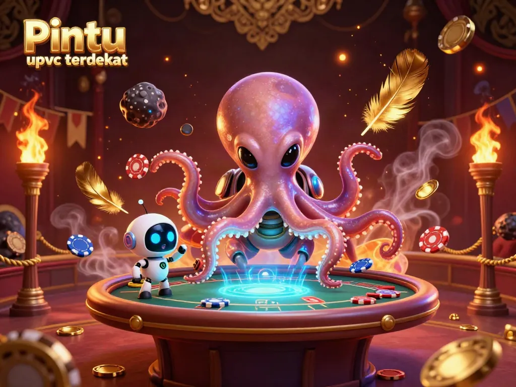 Join a thrilling scene full of action with the Pintu upvc terdekat, where a cosmic octopus interacts with a holographic poker table amidst floating chips and sparks.