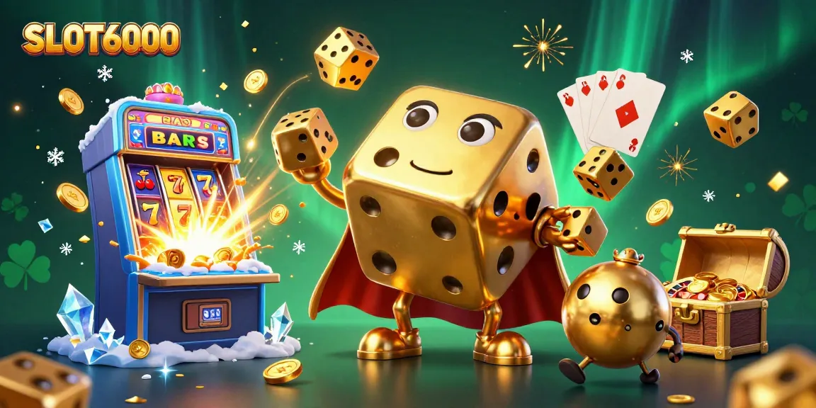 Experience gaming excitement with SLOT6000's vibrant visuals of golden dice and jackpot excitement.