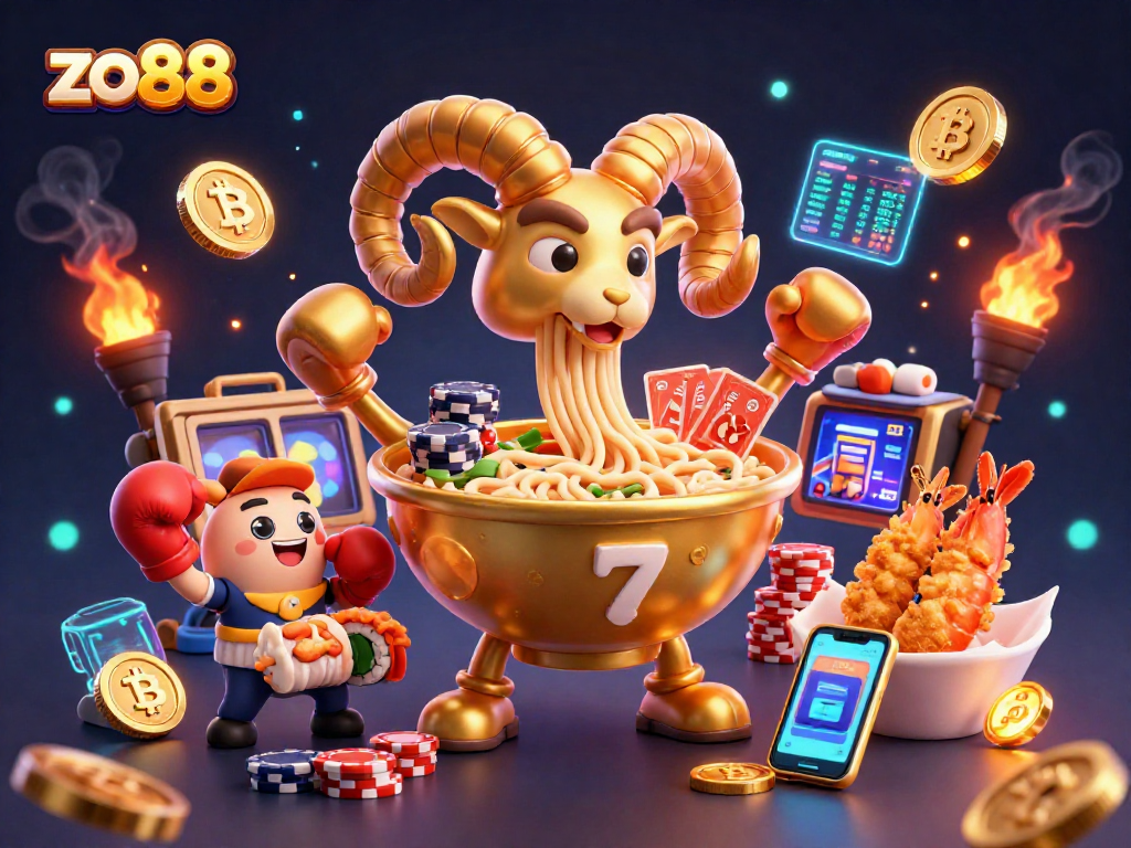 Engage in the excitement of zo88 with a lively scene featuring a giant ramen bowl, sushi dealer, and digital crypto elements.