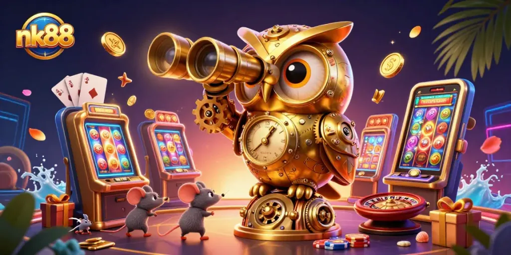 Engage in thrilling gameplay with nk88, featuring a cartoon owl and dynamic casino elements.