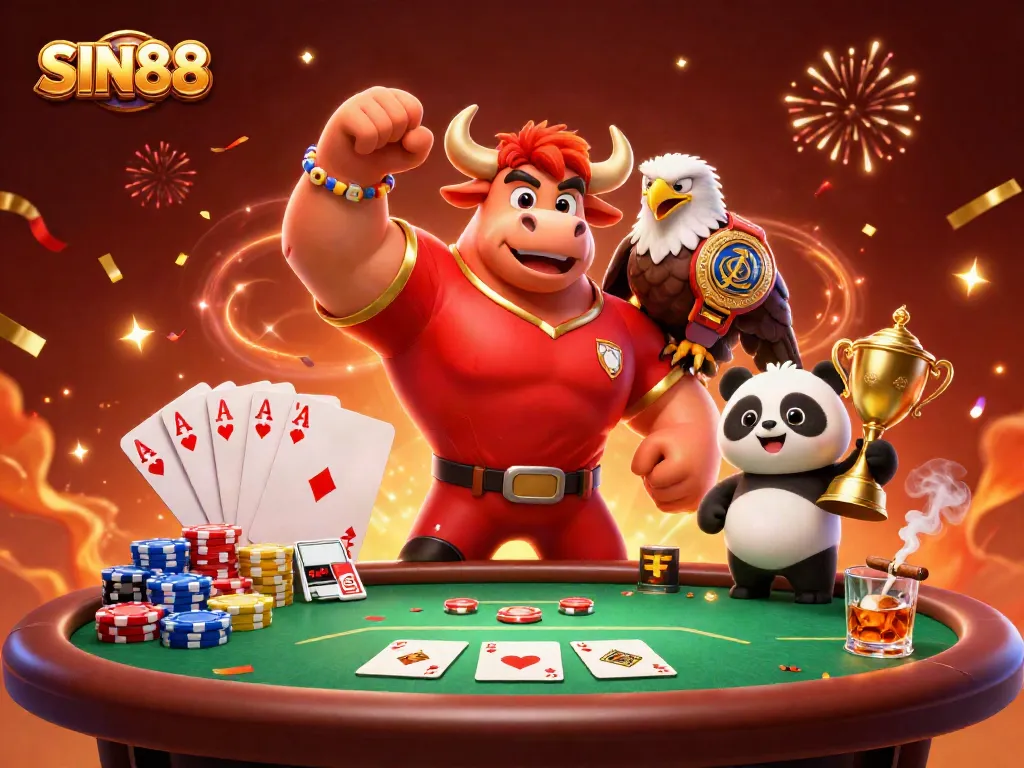 SIN88 showcases a victorious bull mascot with an eagle and panda at a vibrant poker scene.