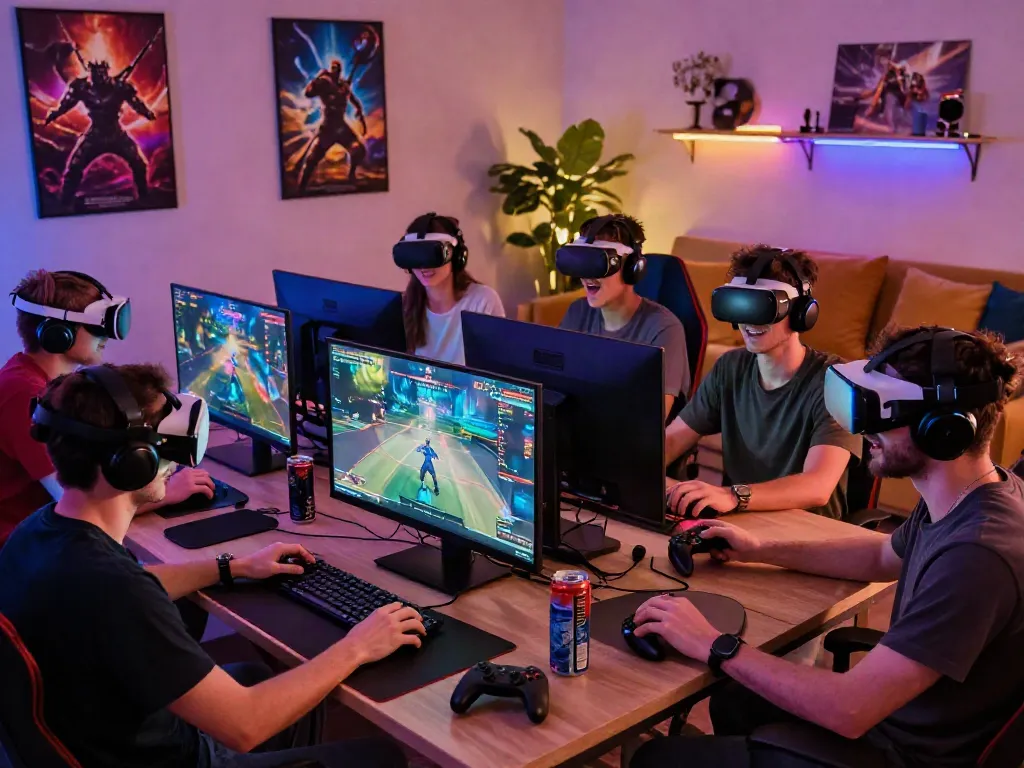 Dynamic online gaming scene at https://h19gene.com/ with friends enjoying high-tech gaming setups and vibrant atmosphere.