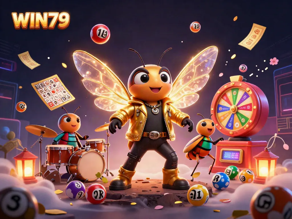 Experience the excitement of WIN79 with a vibrant 3D casino celebration featuring characters and lottery elements.