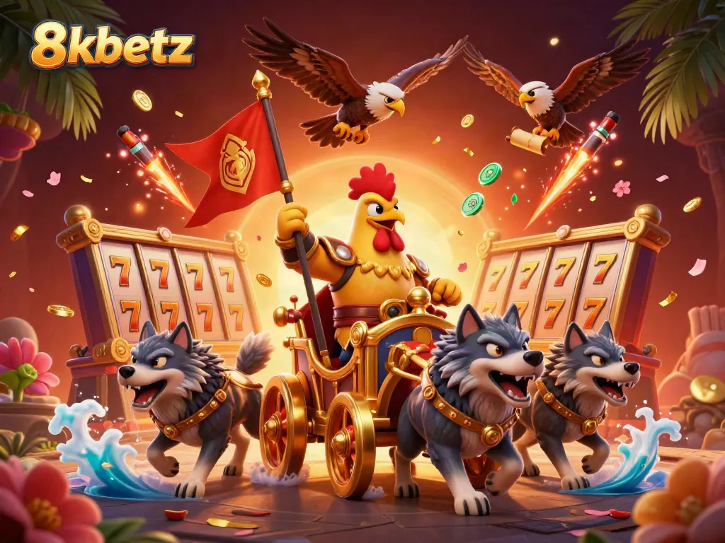 Experience the thrill of 8xbetz slots as a rooster warlord leads an exciting casino adventure.