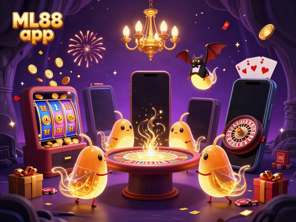 Experience the thrill of the ML88 app with a glowing casino scene and dynamic gaming elements.