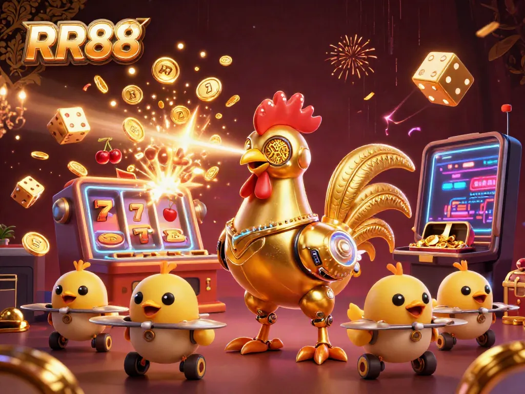 RR88 showcases a vibrant casino scene with a golden rooster robot and game elements exploding in energy.