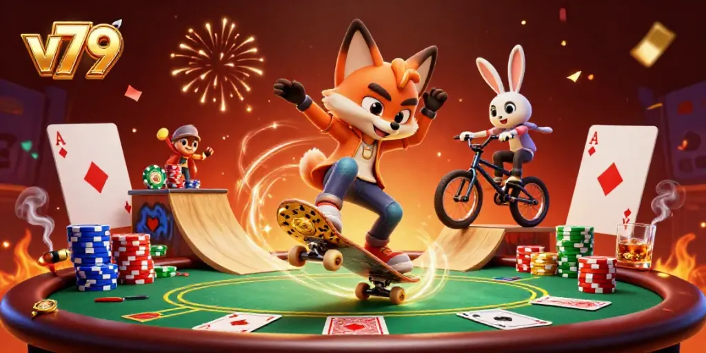 Experience thrilling action in v79, showcasing a skateboarder fox amidst vibrant casino symbols and poker elements.