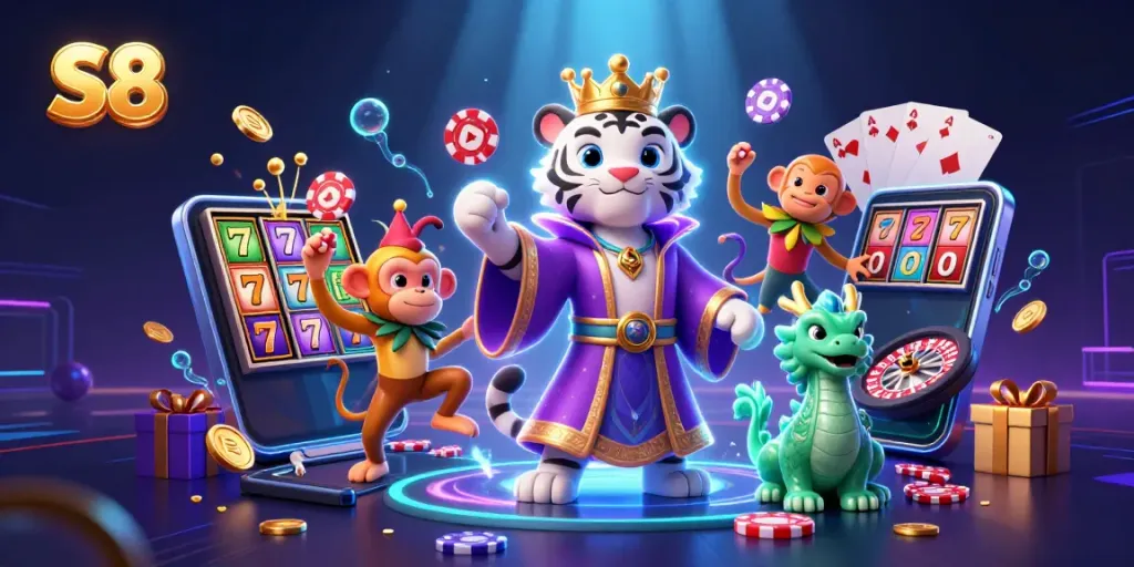Engage in thrilling gameplay at S8, featuring high-stakes slots amidst vibrant casino elements.