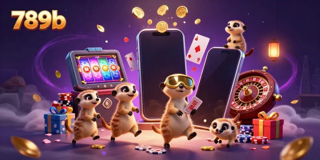 Engage in thrilling slot action at 789b with a lively meerkat casino scene displaying colorful games and fun.