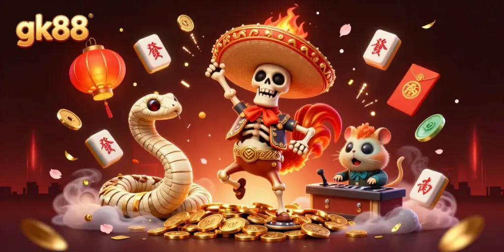 Experience thrilling wins at gk88 with dynamic casino characters celebrating among golden coins and festive decorations.