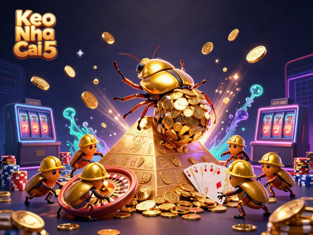 Experience thrilling action with Keo Nha Cai 5 as golden beetles roll coins in a dynamic casino scene.
