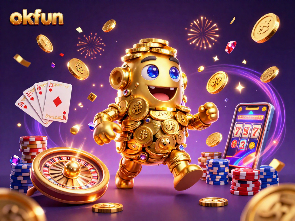 Experience thrilling wins at okfun with the golden golem amidst cascading coins and game symbols.
