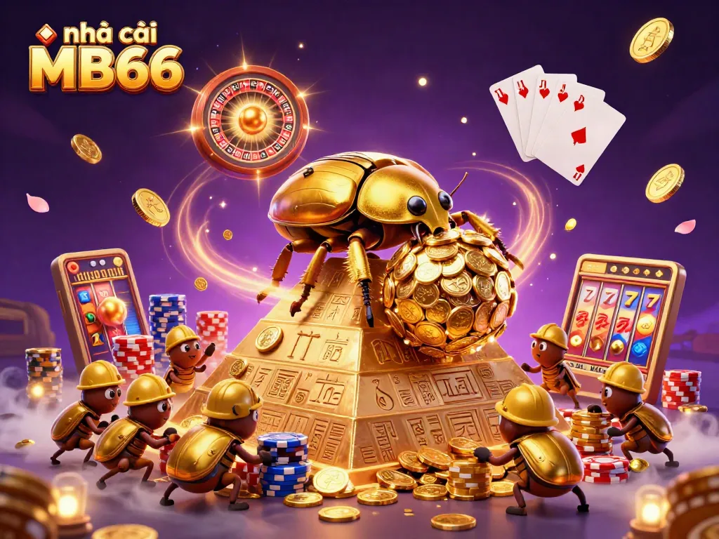 Experience thrilling gaming action with nhà cái MB66 as golden coins and casino symbols abound.