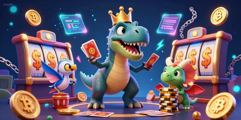 Experience the excitement of acgwin with a vivid casino scene featuring a T-Rex and friends in a digital setting.