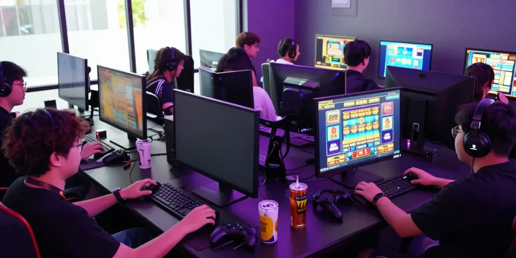 Exciting gaming lounge showing friends playing on devices, highlighting Seributoto daftar's digital slot offerings.