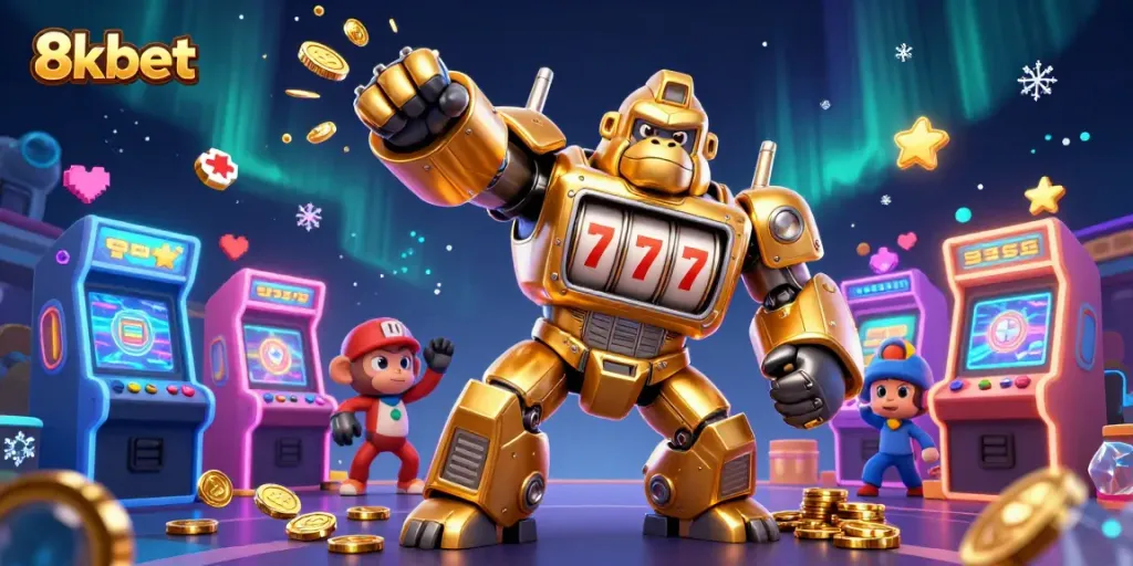 Join the excitement with 8xbet's dynamic gaming scene featuring a golden gorilla mech and vibrant arcade elements.