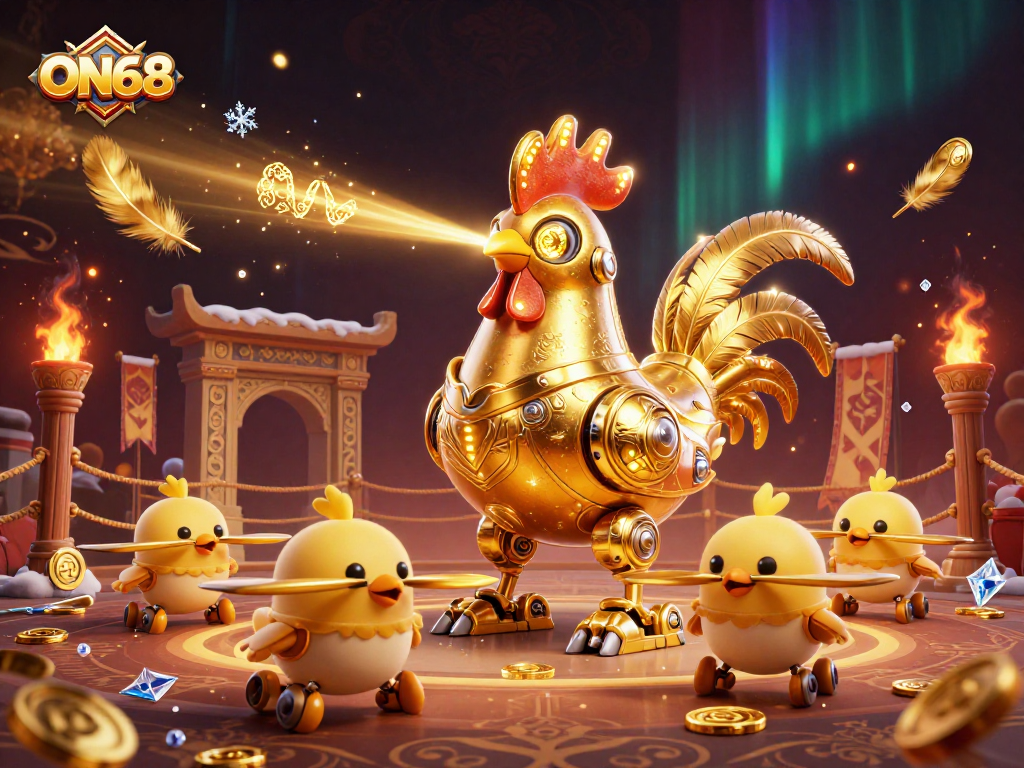 Engage in thrilling gameplay at ON68 with a futuristic golden rooster hero fighting in a vibrant casino setting.