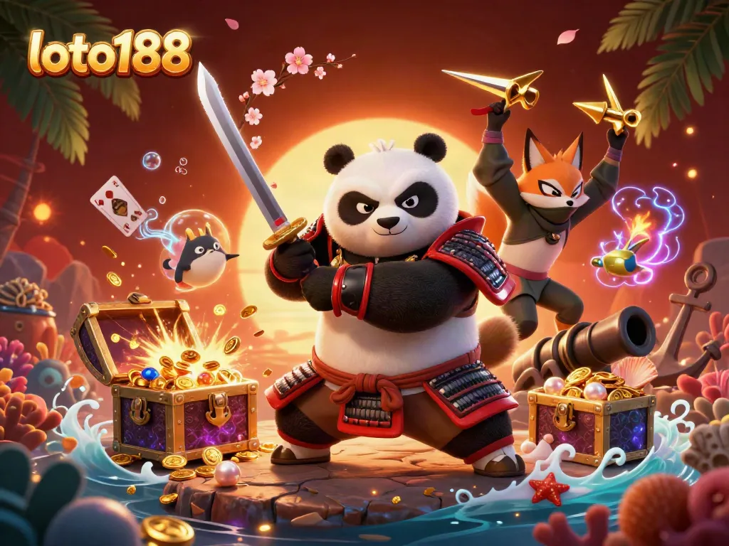 Experience thrilling action in loto188 with samurai panda and ninja fox amidst vibrant casino elements.