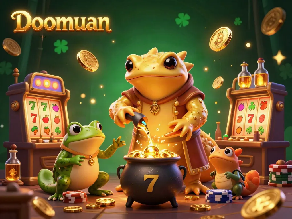 Doomuan illustrates a golden salamander alchemist and frog apprentice amidst vibrant gambling elements for an enchanting gaming experience.