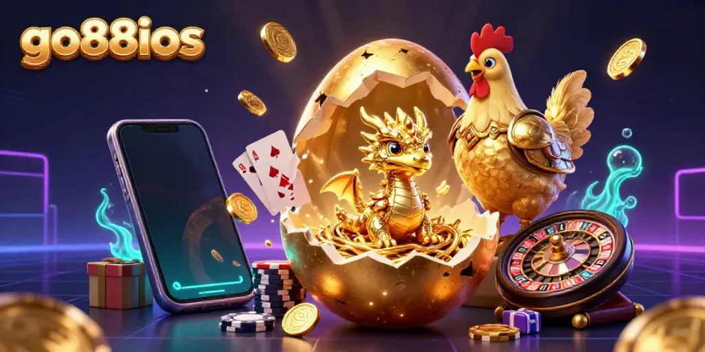 Experience go88ios as a golden dragon emerges from a poker chip nest, epitomizing a thrilling casino atmosphere.
